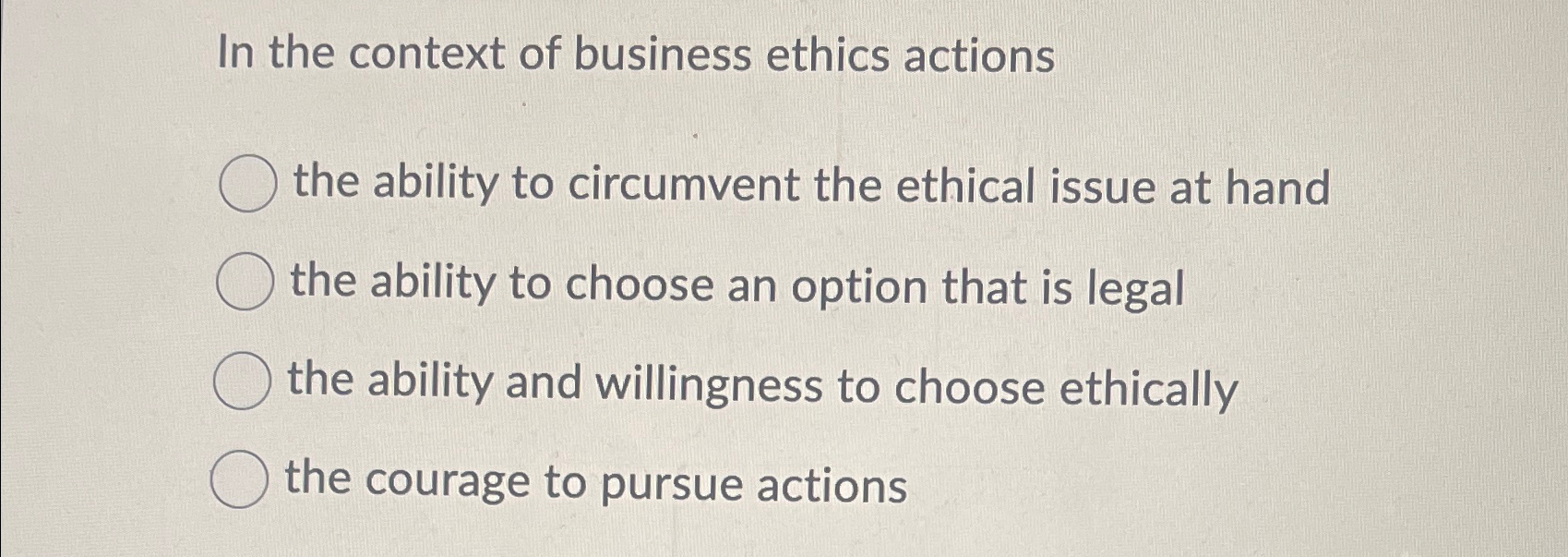 Solved In the context of business ethics actions the ability | Chegg.com