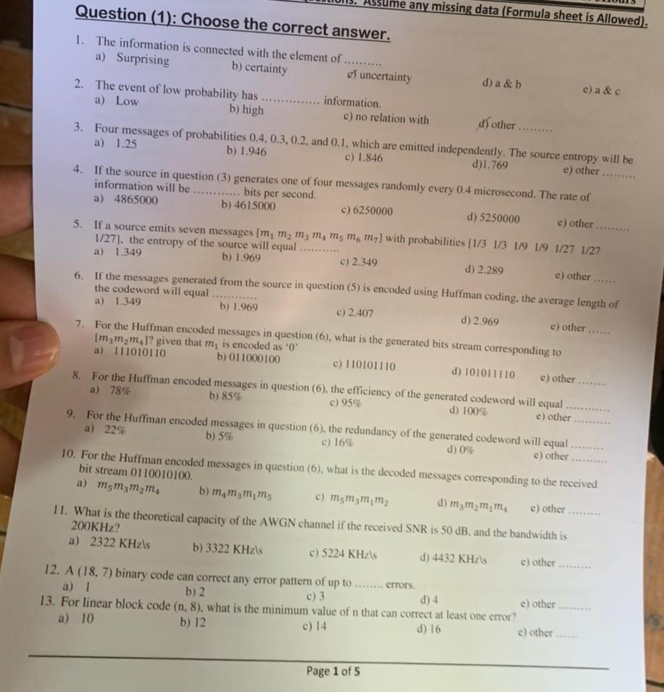 Solved Question (1): Choose the correct answer. 1. The | Chegg.com