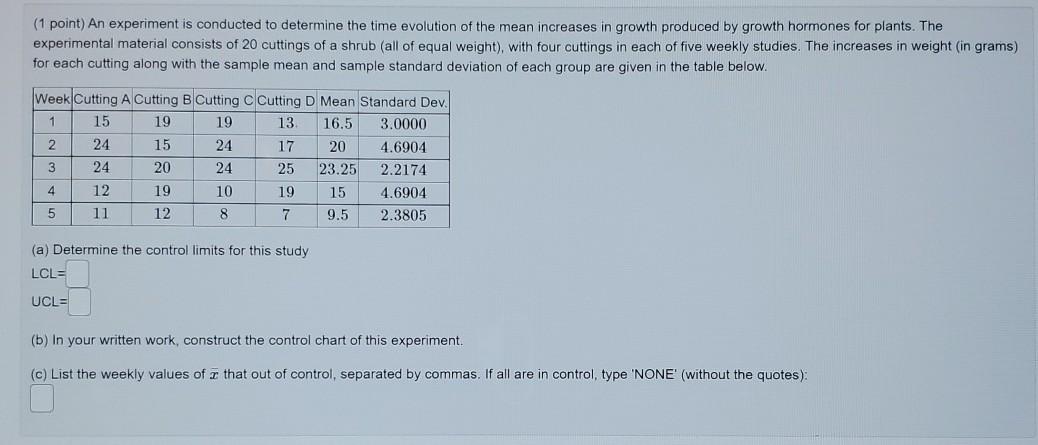 Solved (1 point) An experiment is conducted to determine the | Chegg.com