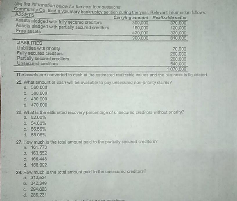 Solved Use the information below for the next four questions | Chegg.com