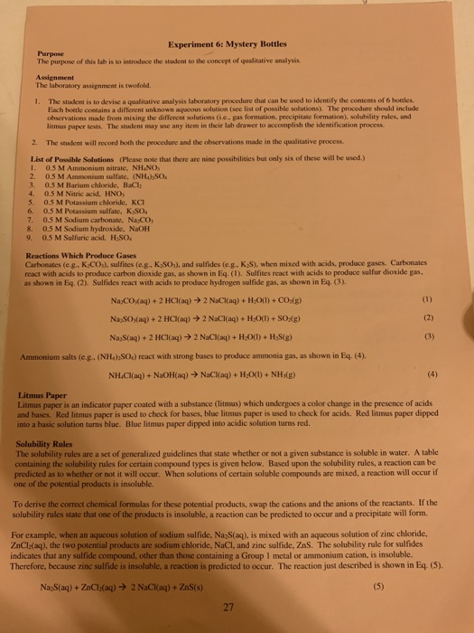 Solved Experiment 6 Mystery Bottles The purpose of this lab