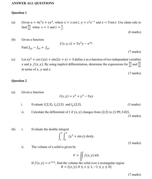 Solved Answer All Questions Question 1 (a) де (b) Given U = 