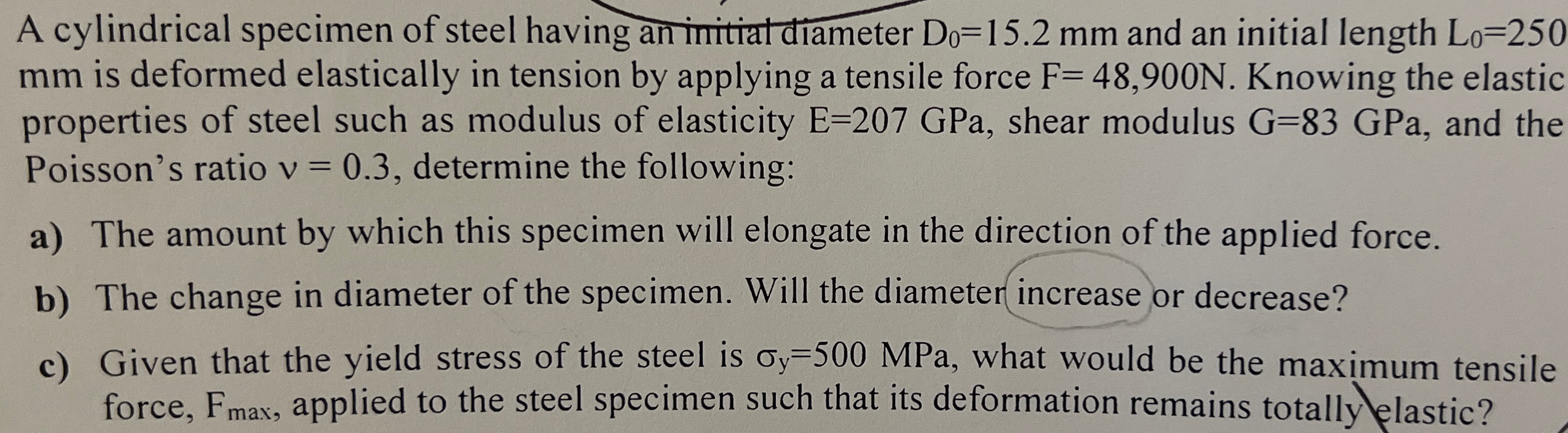 Solved A cylindrical specimen of steel having an | Chegg.com