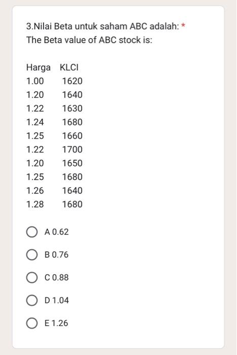 Solved 3.Nilai Beta untuk saham ABC adalah: * The Beta value | Chegg.com