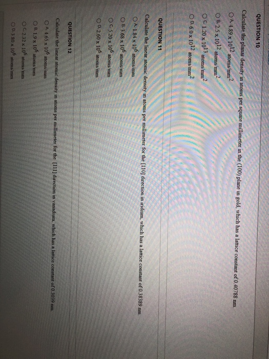 Solved QUESTION 10 Calculate the planar density in atoms per | Chegg.com