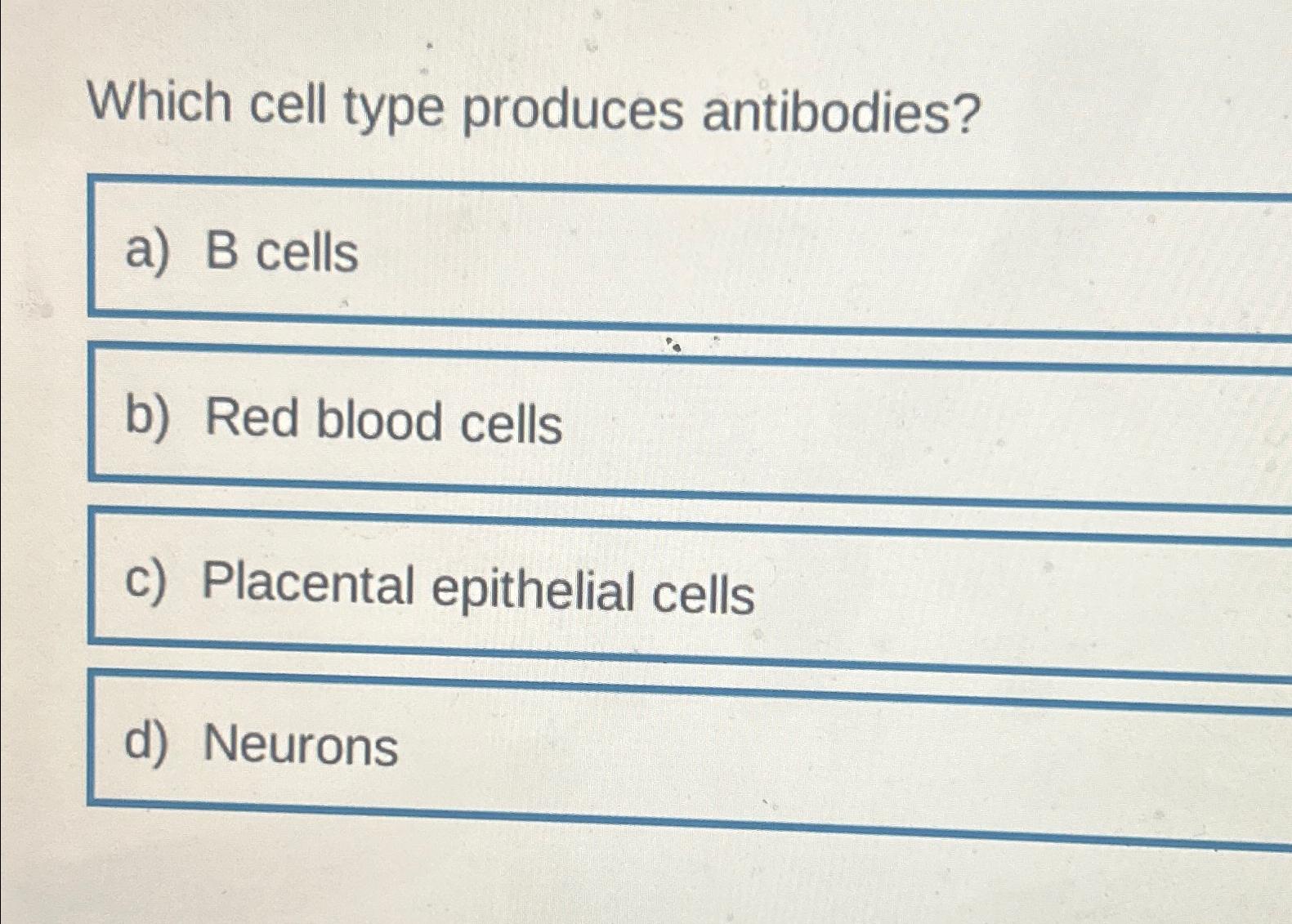 Solved Which cell type produces antibodies?b) ﻿Red blood