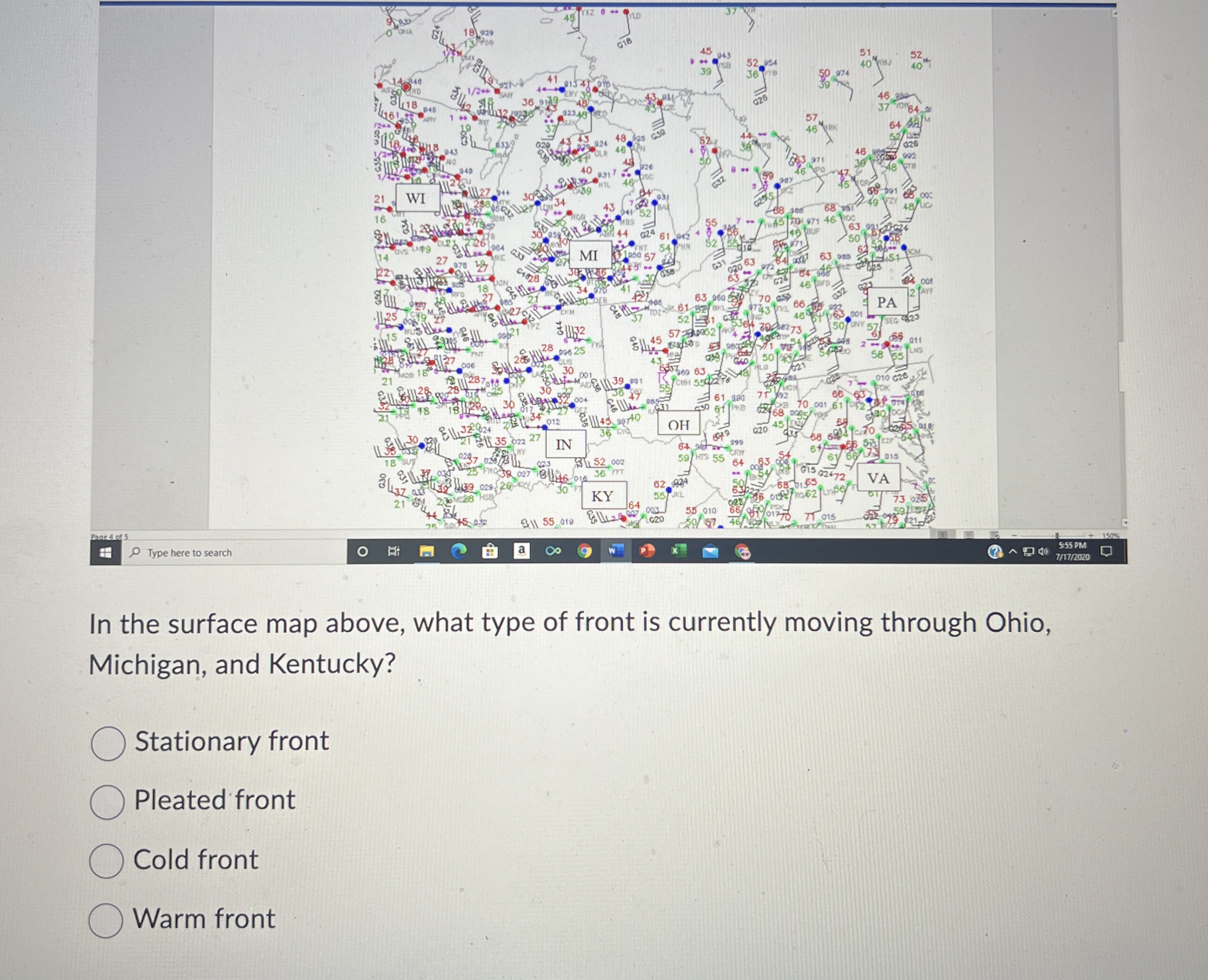 Solved In the surface map above, what type of front is | Chegg.com