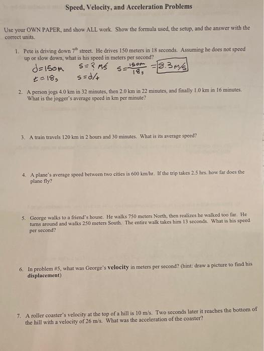 Determining Speed and Velocity Problems with Answer Key