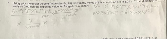 Solved 3. Using your molecular volume (mL/molecule, #5): how | Chegg.com