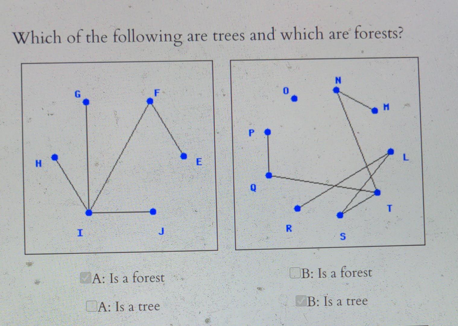 Which of the following are trees and which are forests?
A: Is a forest
B: Is a forest
A: Is a tree
B: Is a tree