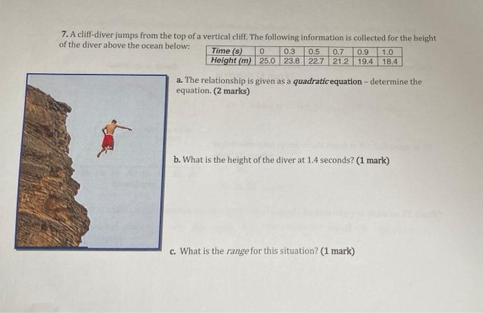 Solved 7. A cliff-diver jumps from the top of a vertical | Chegg.com