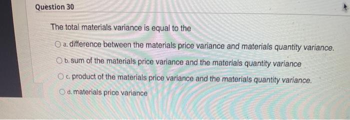 Solved Question 30 The total materials variance is equal to 