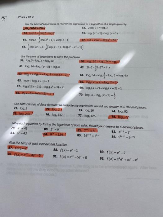 Solved Page 2 Of 3 Use The Laws Of Logarithms To Rewrite Chegg Com