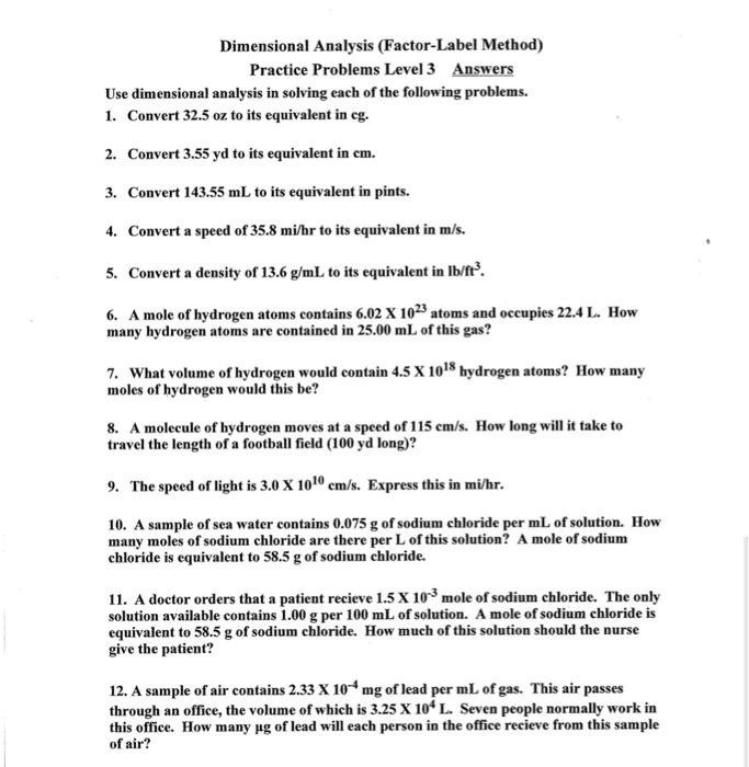 Solved Dimensional Analysis (Factor-Label Method) Practice | Chegg.com