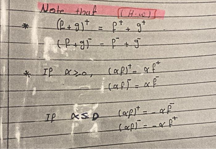 Solved (p+g)+=f++g+ (p+g)−=p−+g− α⩾0,(αf)+=αf+(αf)−=αf− | Chegg.com