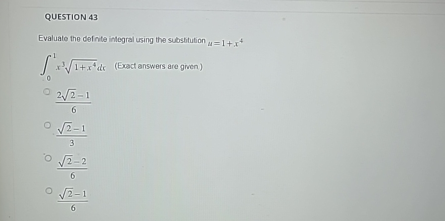 Solved QUESTION 43Evaluate the definite integral using the | Chegg.com