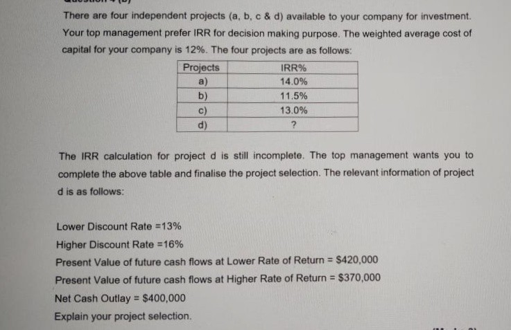 Solved There are four independent projects (a, b, c & d) | Chegg.com