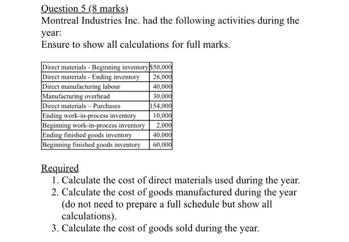 Solved Question 5 (8 marks) Montreal Industries Inc. had the 