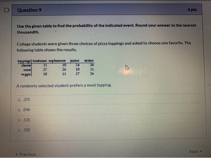 Solved Question 9 4 pts Use the given table to find the | Chegg.com