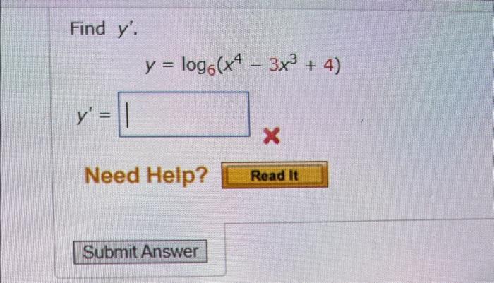 Find \( y^{\prime} \). \[ y=\log _{6}\left(x^{4}-3 x^{3}+4\right) \] \[ y^{\prime}= \]