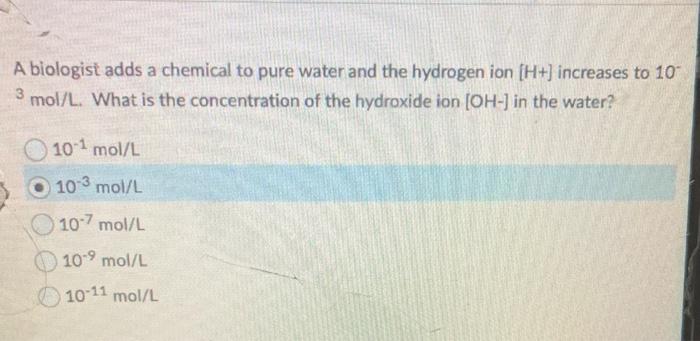 Solved A biologist adds a chemical to pure water and the | Chegg.com