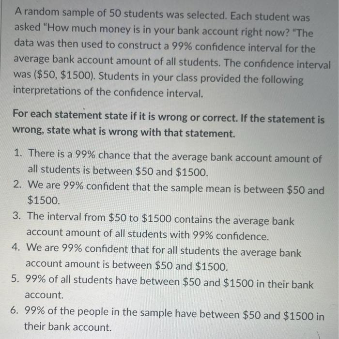 Solved A random sample of 50 students was selected. Each | Chegg.com