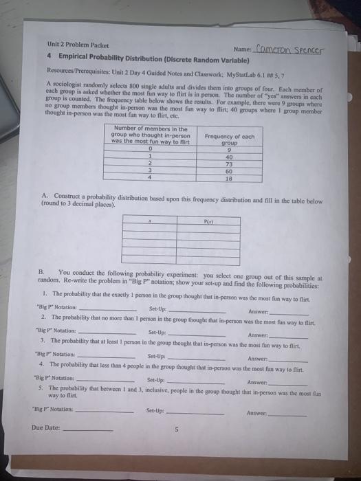 Solved Unit 2 Problem Packet Name: Cameron Spencer 4 | Chegg.com