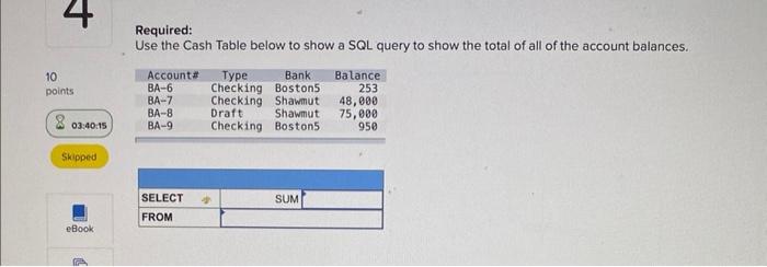 Required:
Use the Cash Table below to show a SQL query to show the total of all of the account balances.