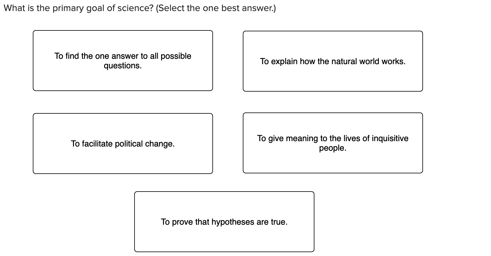 Solved What is the primary goal of science? (Select the one | Chegg.com