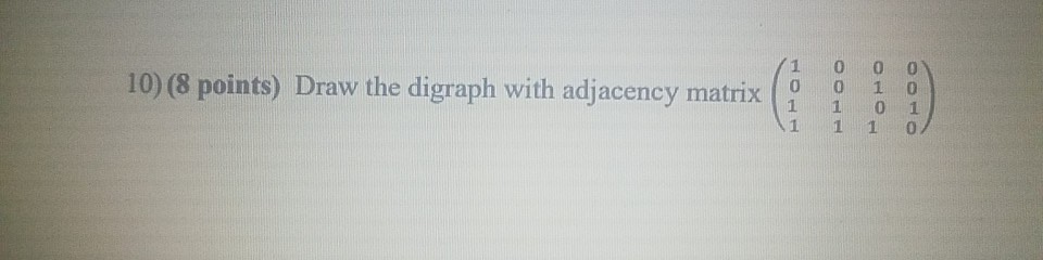 Solved 10) (8 points) Draw the digraph with adjacency matrix | Chegg.com