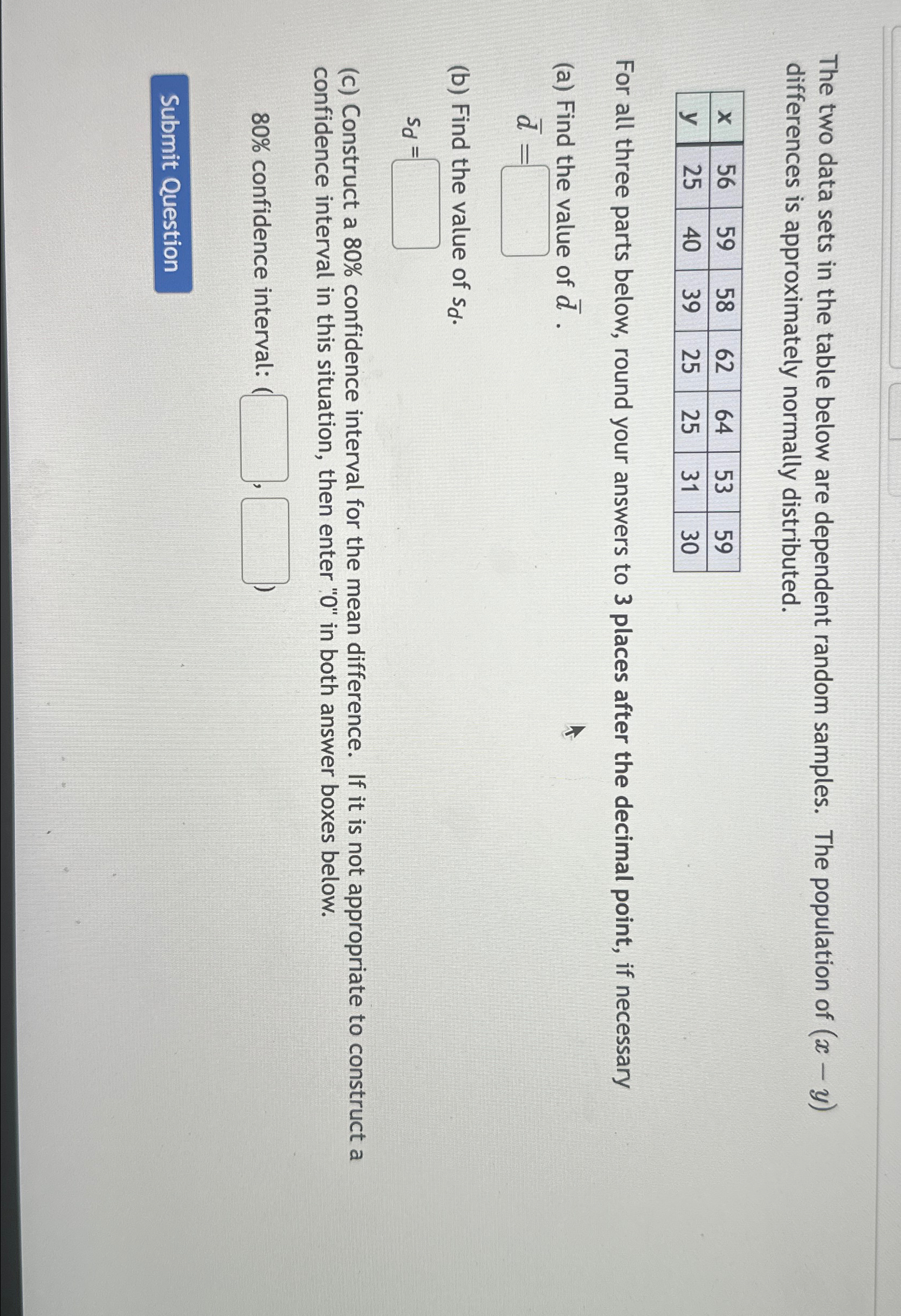 Solved The two data sets in the table below are dependent | Chegg.com