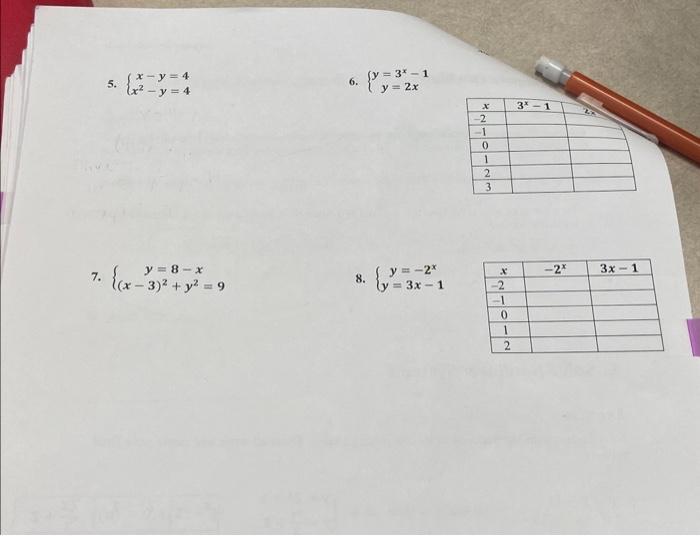 5. \( \left\{\begin{array}{l}x-y=4 \\ x^{2}-y=4\end{array}\right. \) 6. \( \left\{\begin{array}{l}y=3^{x}-1 \\ y=2 x\end{arra