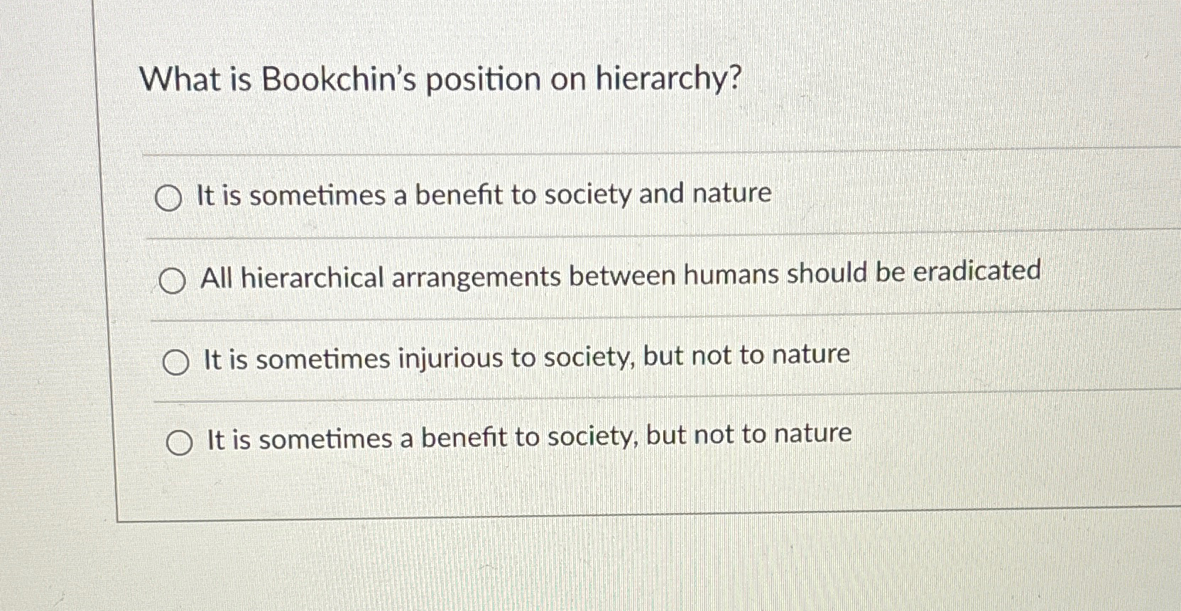 Solved What is Bookchin's position on hierarchy?It is | Chegg.com