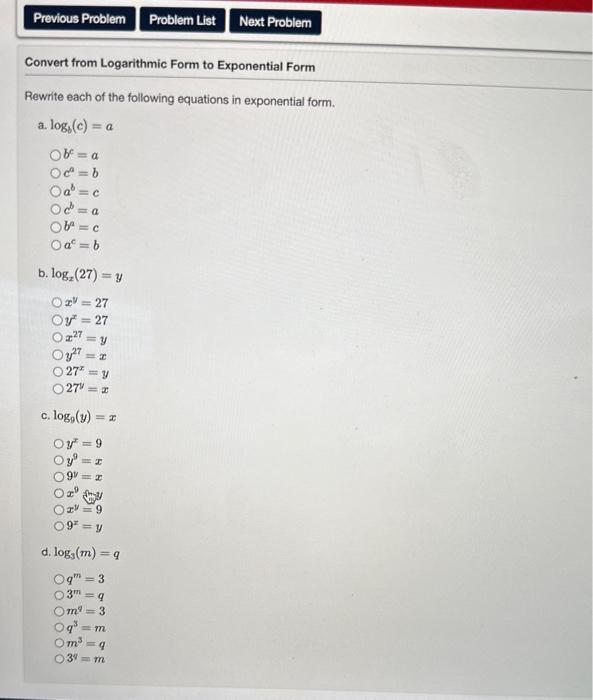 Solved Convert from Logarithmic Form to Exponential Form | Chegg.com