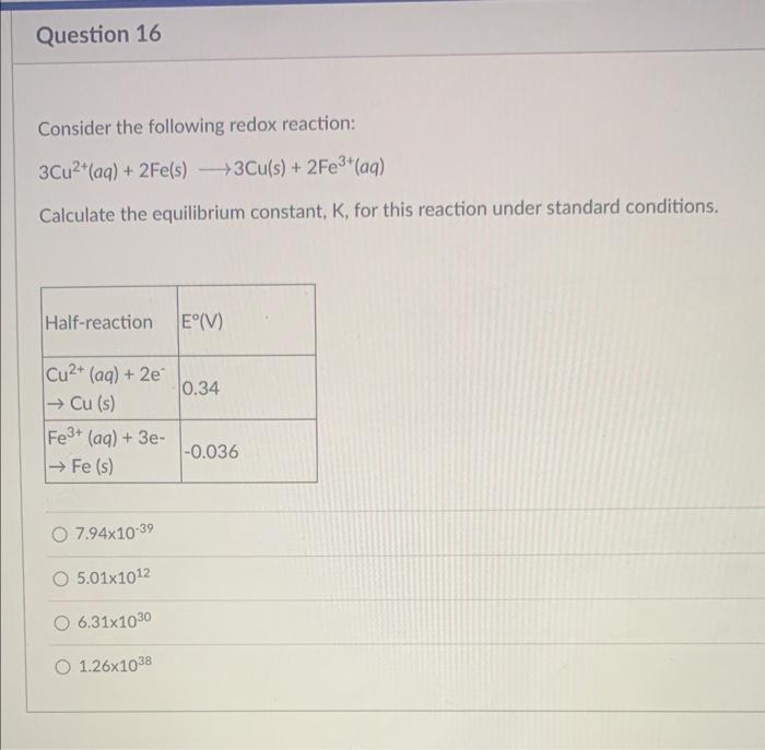Solved Consider the following redox reaction: | Chegg.com