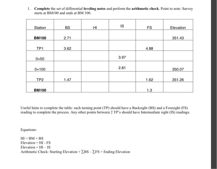 Solved 1. Complete the set of differential leveling notes | Chegg.com