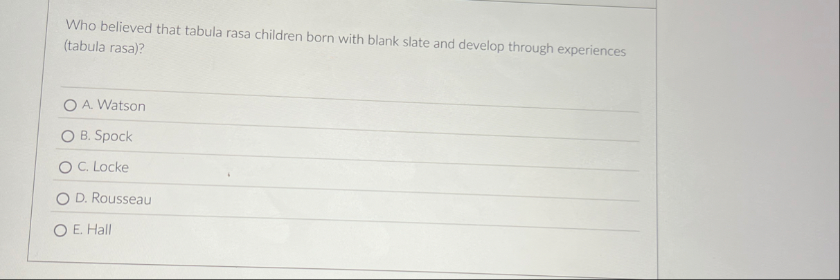 Solved Who believed that tabula rasa children born with | Chegg.com