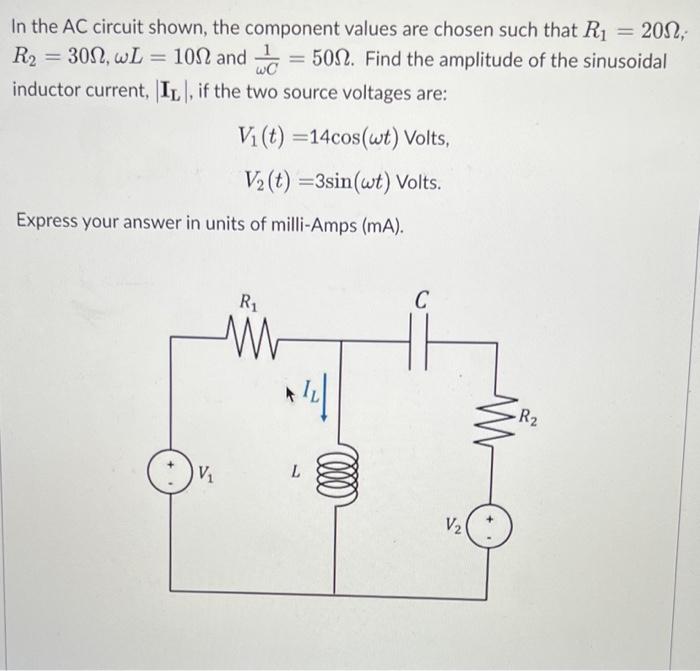 In the AC circuit shown, the component values are chosen such that \( R_{1}=20 \Omega \); \( R_{2}=30 \Omega, \omega L=10 \Om