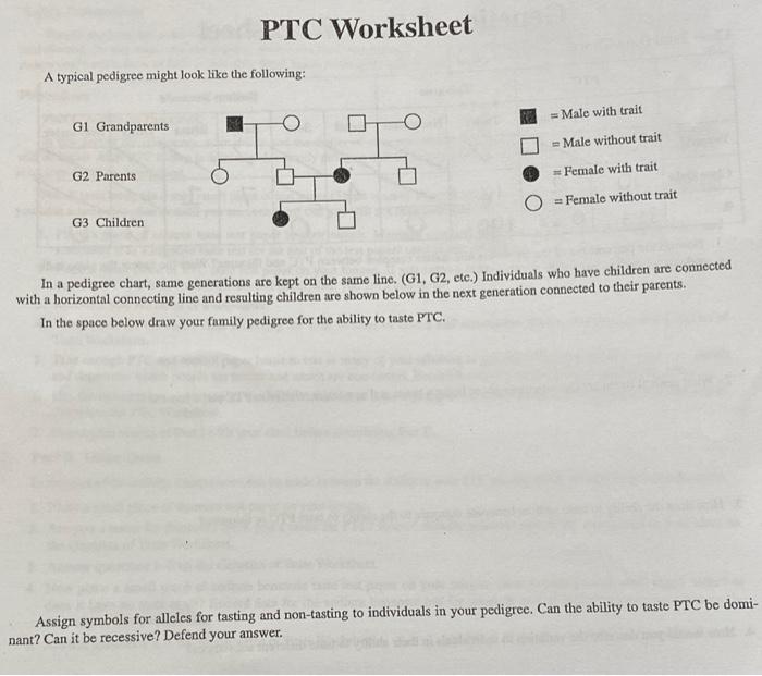 Solved PTC Worksheet A typical pedigree might look like the | Chegg.com