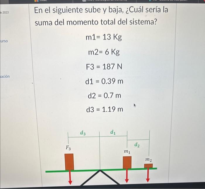 En el siguiente sube y baja, ¿Cuál sería la suma del momento total del sistema? \[ \begin{array}{l} \mathrm{m1}=13 \mathrm{Kg