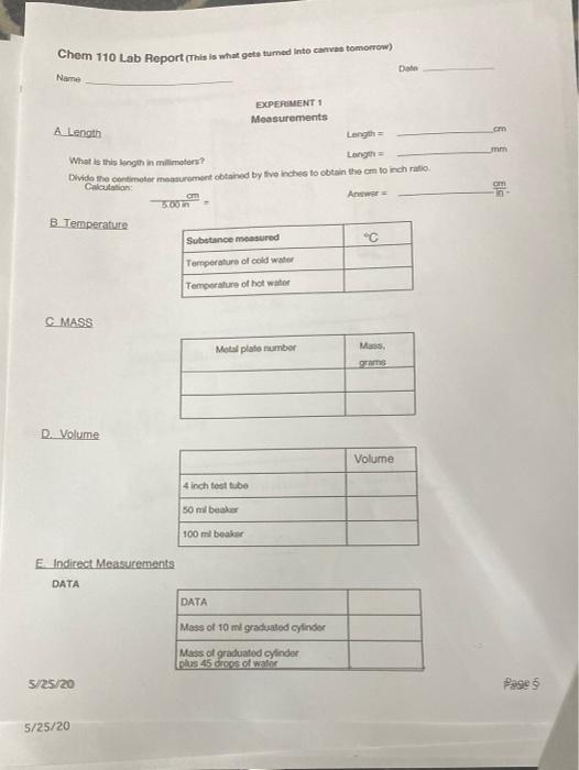 Solved Chem 110 Lab Report (This is what gets turned into | Chegg.com