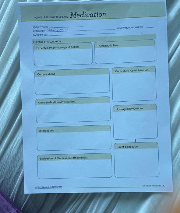 Solved ACTIVE LEARING TEMPLATE Medication STUDE MEDICATION | Chegg.com