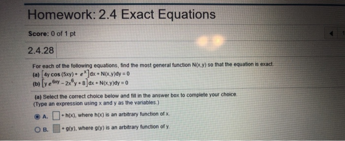 Solved Homework 2 4 Exact Equations Score 0 Of 1 Pt 2 4 Chegg Com