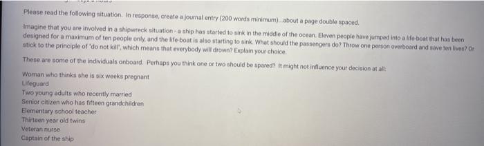 Please read the following situation. In response, create a journal entry (200 words minimum). about a page double spaced, Ima