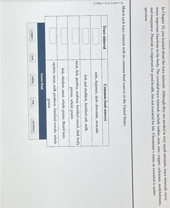 In Chapter 10, you learned about the trace minerals.