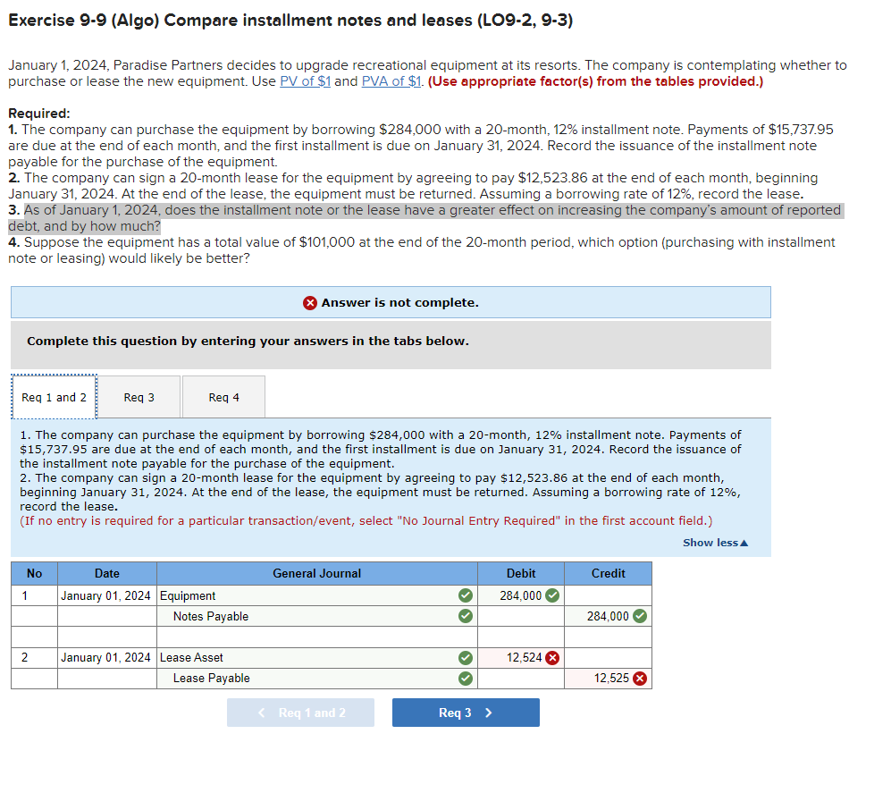 Solved Exercise 9-9 (Algo) ﻿Compare installment notes and | Chegg.com