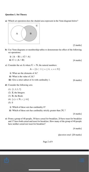 Solved Question 1. Set Theory A) Which Set Operation Does | Chegg.com