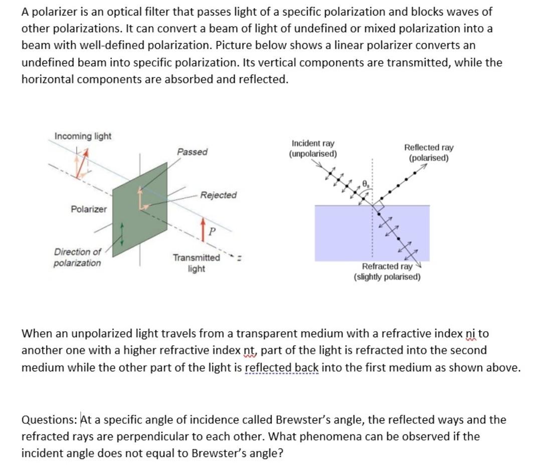 Solved A polarizer is an optical filter that passes light of | Chegg.com