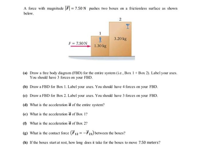 Solved A Force With Magnitude F 7 50 N Pushes Two Boxes Chegg Com