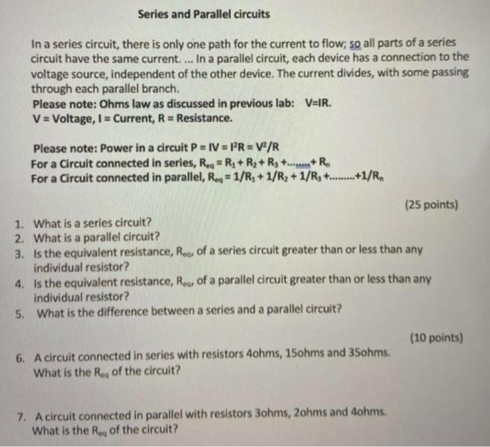 Solved Series And Parallel Circuits In A Series Circuit, | Chegg.com